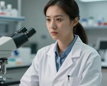 A professional portrait of a female scientist in a North American / US laboratory setting, wearing a lab coat, with a focused and serious expression, representing expertise in neurodegenerative research.