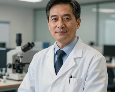 A professional portrait of a male medical researcher in a modern North American / US office environment, wearing professional attire and looking toward the camera with a confident, trustworthy expression.