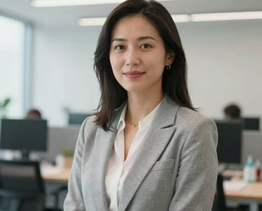 A professional portrait of a female research strategist in a modern North American / US office, with a clean and bright background, reflecting hope and scientific innovation.