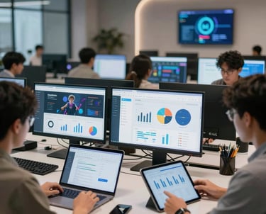 A professional team planning a digital marketing campaign with laptops and charts.