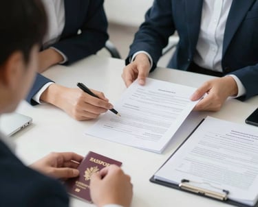 An office scene showing document processing and clearance with focused employees.