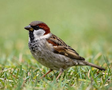 Sparrow on a garden lawn, a close wildlife scene showing the bird resting in the grass.