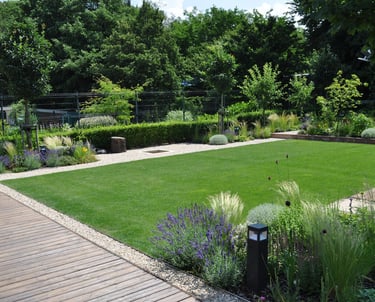 Modern garden design showcasing full hard‑landscaping features including paths, patios, and structur