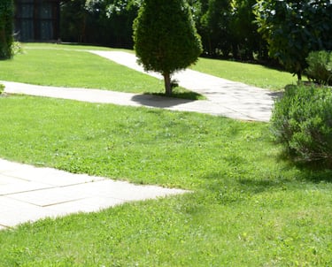 A green, well‑kept lawn with a garden pathway, trimmed bushes, and shaped trees in Batak.