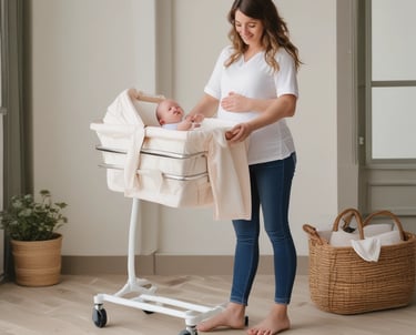 A selection of baby care products such as diapers, bottles, and pacifiers.