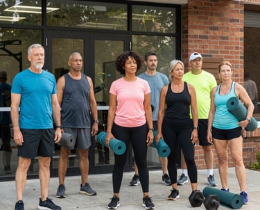 A serene middle-aged woman practicing tai-chi in a sunlit living room during an online class.