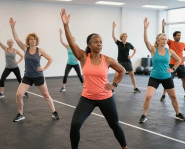 A middle-aged woman practicing tai-chi in a sunlit living room during an online class.