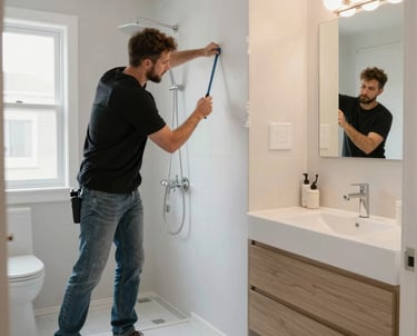 A man installs a reusable adhesive mirror mount in a modern bathroom for organized grooming.