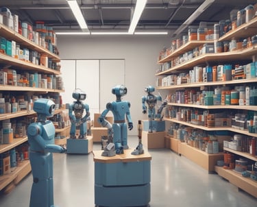 A modern office workspace with computers and team members collaborating on information products.