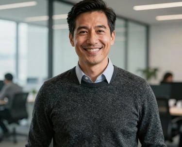 A portrait of a tech executive in a brightly lit North American workspace with glass walls. They are wearing a professional charcoal sweater and smiling warmly, projecting leadership and expertise.