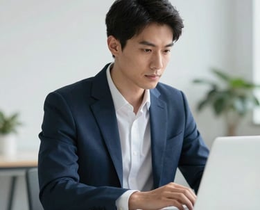 A professional in a clean, modern North American office setting, wearing a tailored navy blazer, looking confidently at a laptop screen. The background is a soft-focus studio with minimalist decor.