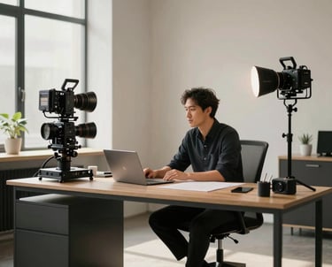 A creative professional in a modern North American studio environment, surrounded by high-end tech equipment and sleek furniture. The lighting is clean and natural, highlighting a sophisticated workspace.