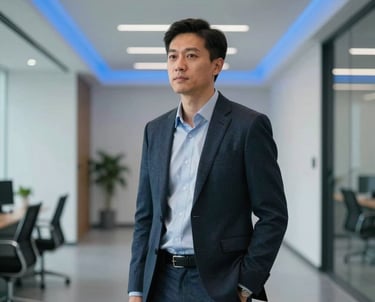 A professional media specialist standing in a sleek, minimalist North American office hall with sky blue lighting accents. They are dressed in smart casual business attire, looking poised and knowledgeable.