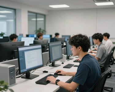 A clean, modern technology hub in North America with high-end computer stations and a bright, focused atmosphere of innovation and learning.