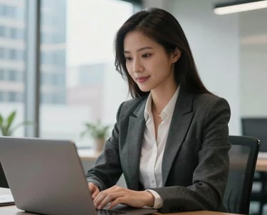 A confident business owner in a bright, modern office space in a North American city, looking at a laptop with a professional and hopeful expression.