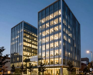 A sophisticated modern office building in a US research park, photographed at twilight with blue sky and glowing warm interior lights.