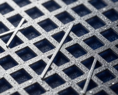 A micro-photograph of a crystal lattice structure, showing high-contrast geometric patterns in silver and deep navy.
