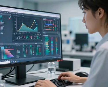 A close-up, professional photograph of a North American data scientist, possibly male or female, focused intently on a large, high-resolution monitor displaying intricate computational models, scientific graphs, and complex data visualizations. The scientist's hands are positioned as if interacting with a keyboard or holographic interface. The background is a modern, clean, and well-lit research laboratory with subtle, out-of-focus scientific equipment. Lighting is bright and analytical, with cool tones emanating from the screen. Realistic, high-definition style, conveying precision and intellectual rigor. No graphics, icons, or logos.