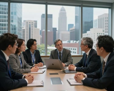 A group of researchers in a conference room with glass walls overlooking a modern US city skyline, engaged in a deep technical discussion.