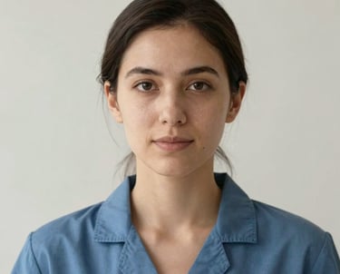 Professional headshot of a female researcher in a slate blue blazer, looking confident and intelligent against a neutral off-white background.