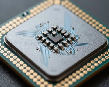 A clean, macro photograph of a high-tech processor chip used in scientific computing, highlighting intricate paths in metallic grey and light blue.