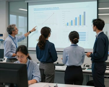 A collaborative workspace in a US research institute, showing a diverse team in professional attire discussing statistical charts projected on a frosted glass wall.