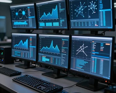 A series of high-resolution monitors in a dark control room showing glowing blue mathematical graphs and data visualizations.