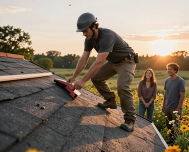 A skilled roofer installing a sleek black roof under a bright blue sky.