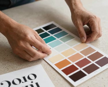 Close-up of a designer's hands arranging color swatches and typography samples on a light stone surface, South American / Brazilian aesthetic.
