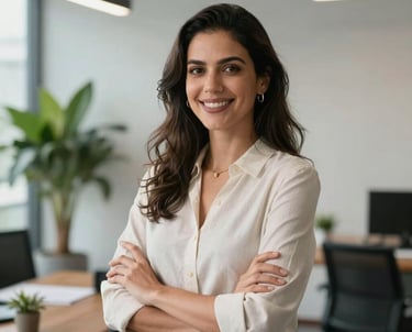 Elegant portrait of a creative professional woman in Brazil, smiling in a modern office with minimalist decor and green plants.