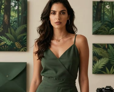 Portrait of a sophisticated South American / Brazilian woman in a minimalist design studio setting, surrounded by forest green branding materials, warm soft lighting.