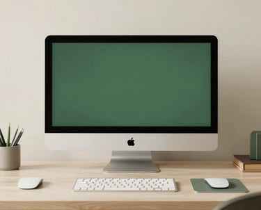 Minimalist workspace of a brand designer in Brazil, with forest green and cream elements, soft natural lighting, elegant and clean composition.