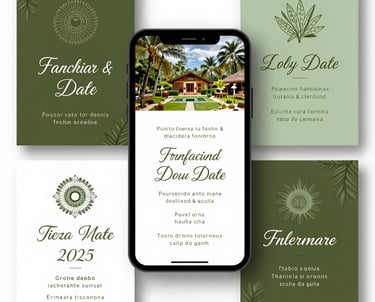 A collection of digital save the date and invitation designs displayed on an elegant mobile device and printed paper, featuring sage green and forest green motifs, South American / Brazilian wedding context.