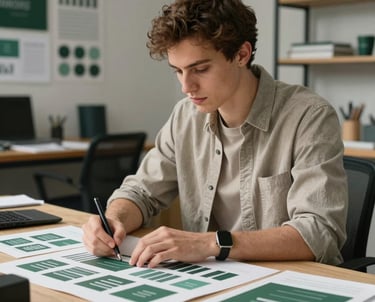 Portrait of a young male designer in a creative studio, dressed in neutral tones, working on a branding project with forest green accents.