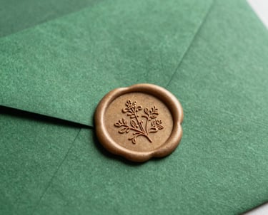 Close-up of a wax seal with a custom floral monogram on a forest green envelope, part of a luxury wedding stationery set in Brazil.