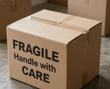 Close-up of hands wrapping fragile glassware with bubble wrap.