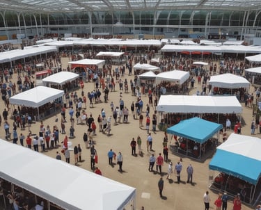 A vibrant international travel exhibition bustling with attendees and colorful booths.