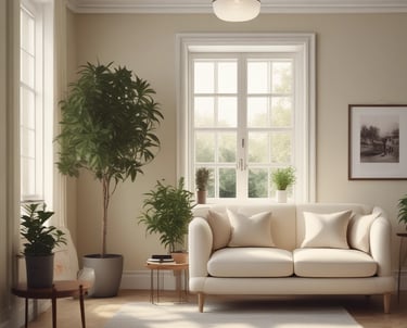 A calm therapy room with soft natural light and warm earthy tones