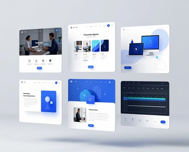 A sleek, modern workspace with multiple screens showing website and app designs in progress.