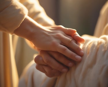 A warm gathering of diverse people praying together in a sunlit room.