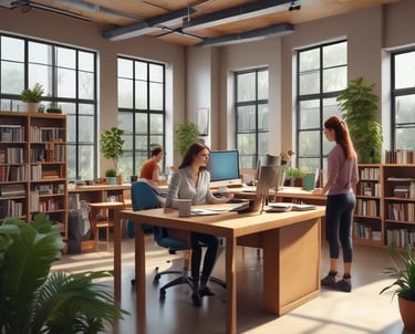 Modern office workspace with digital automation icons floating around.