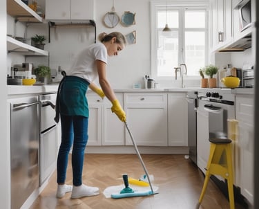 A professional cleaner wearing gloves scrubbing a bathroom sink deeply.