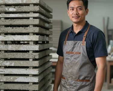 Portrait of a Southeast Asian man in a workshop setting, wearing a professional apron. He is standing next to a stack of high-quality cement rosters. Soft workshop lighting, clean and professional.
