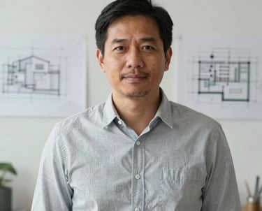 Portrait of a Southeast Asian man in his 40s, a professional designer, wearing a neat casual shirt. He is standing in a bright, modern studio with architectural drawings in the background. Natural lighting.