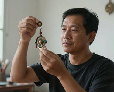 Portrait of a Southeast Asian man, a specialist in ornaments, holding a small decorative ceiling piece. He is in a well-lit, minimalist workspace with a focus on craftsmanship.