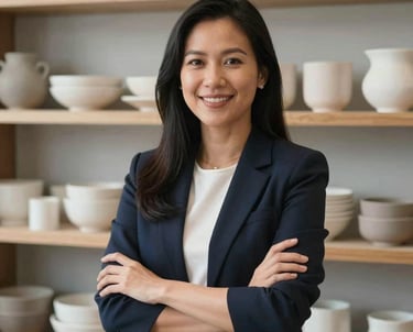 Portrait of a Southeast Asian woman, a materials consultant, looking confident and smiling. She is in a clean, modern office space with samples of ceramic and clay materials on the shelves behind her.