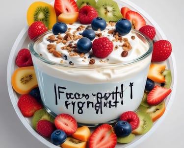 Close-up of a creamy yoghurt swirl topped with fresh berries and a drizzle of honey in a clear glass bowl.