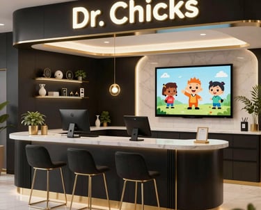 A sleek, modern workspace with AI data visualizations on screens and a storyboard sketch pinned nearby.