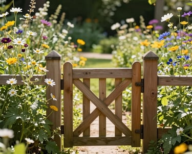 A hopeful outdoor photograph of a small wooden gate opening into a lush, sun-drenched garden with North American wildflowers. The light is bright and welcoming, symbolizing a path to a new life.