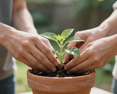 A close-up photograph of a pair of hands gently tending to a small green plant in a terracotta pot. Soft sunlight filters through leaves in a peaceful North American backyard setting. The mood is supportive and grounding.